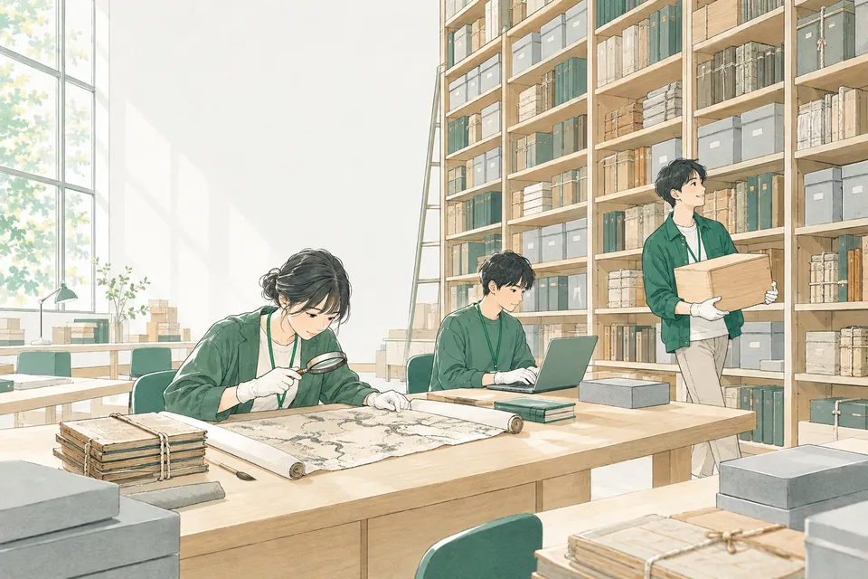天井まで届く書庫の棚に古い箱や簿冊が並び、手前の机で若い職員たちが白い手袋をして古文書を広げ、目録をつくったり桐の箱を運んだりしている様子