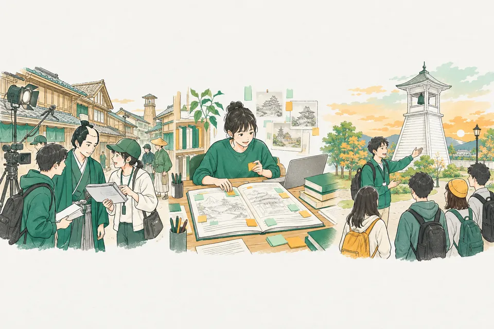 時代劇の撮影セットで打ち合わせをする若いスタッフ、歴史の本の原稿に付箋を貼る編集者、古い鐘楼の前で大学生のグループを案内する若い案内人が、一続きに描かれた様子