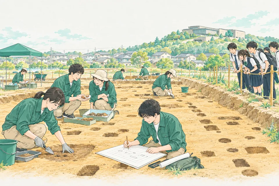 住宅地のそばの発掘現場で、地面に浮かび上がった柱の穴の跡を削り出す若い職員たちと、ロープの外から身を乗り出して見学する高校生たち