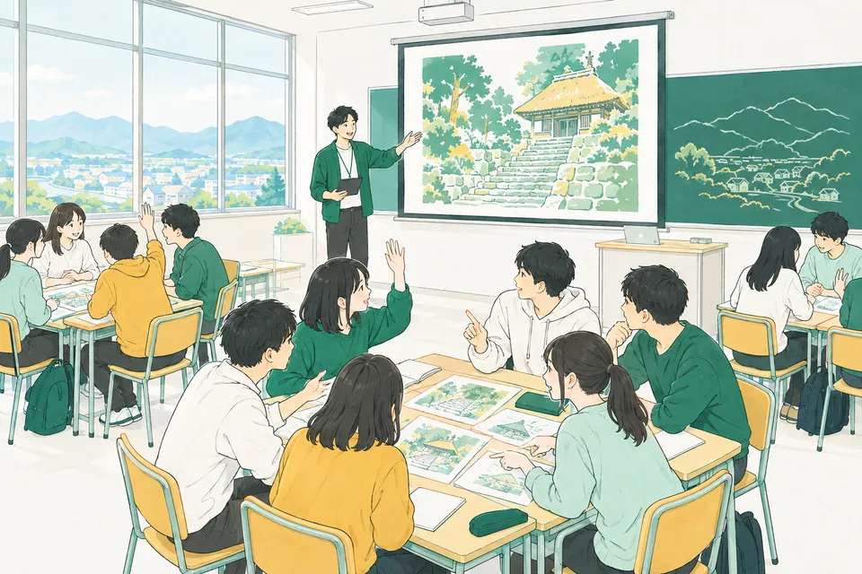 高校の教室で、若い先生が古い石段の写真を映して問いかけ、班ごとに机を寄せた生徒たちが資料を囲んで話し合っている様子