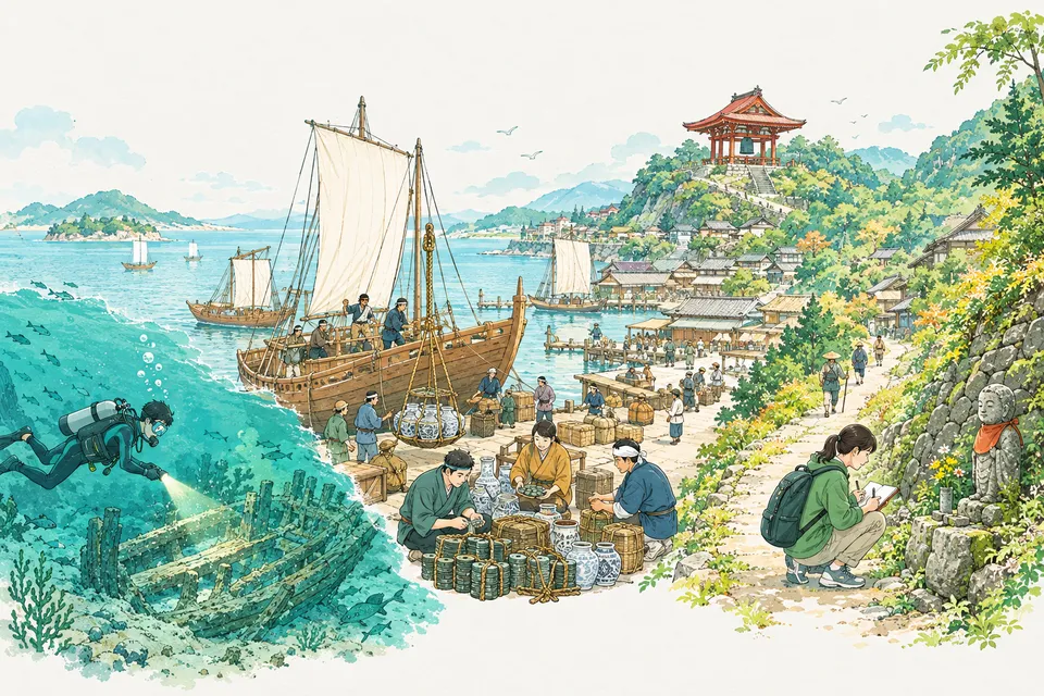 海の底で古い木の船体を調べるダイバー、港で陶磁器のつぼや銅銭を数える人々、道ばたの石の地蔵を見つめる学生
