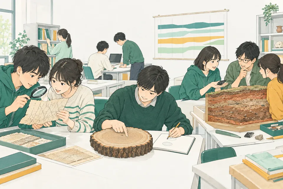 大学の史学科の研究室で、古い手紙を虫めがねで調べる学生、木の柱の輪切りの年輪を数える学生、赤土の地層の模型の前で小さな石器を手に話し合う学生たち