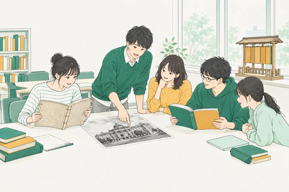 大学のゼミ室で、和綴じの古い法令集を広げる学生、明治の洋風の裁判所の白黒写真を指さす学生、2 冊の憲法の本を並べて読み比べる学生たち