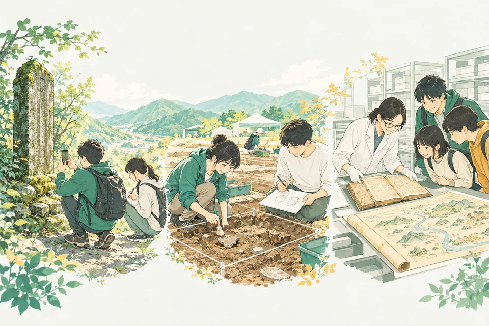 山あいの道ばたの石碑を写真に撮る学生、発掘現場で土器のかけらを記録する学生、博物館の収蔵庫で古い帳面を広げる学芸員