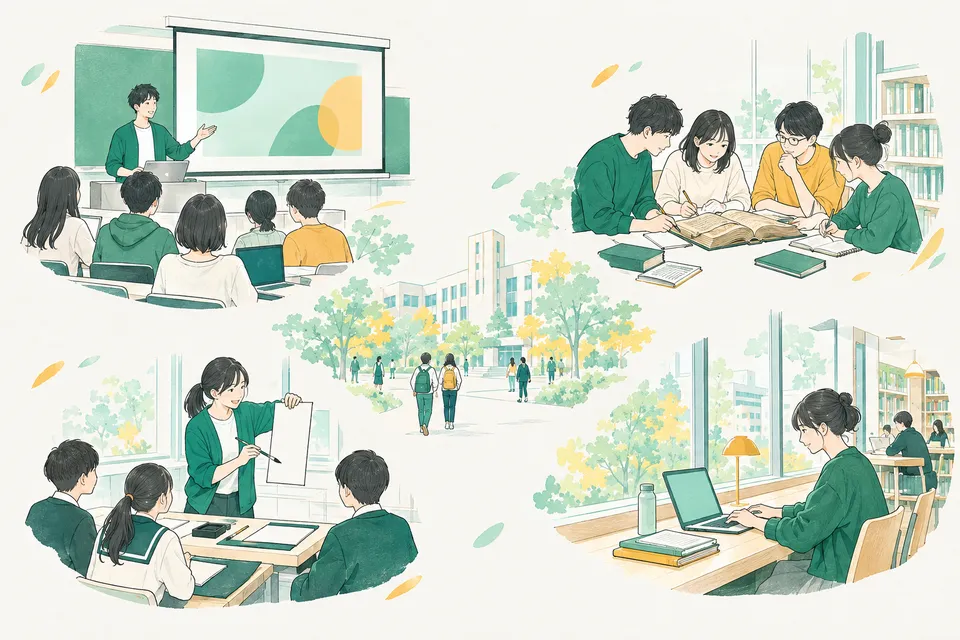 大学の教室でスライドを使って発表する学生、ゼミ室で古い和装本を囲んで注を書き込む学生たち、教育実習で中学生に書写のお手本を見せる学生