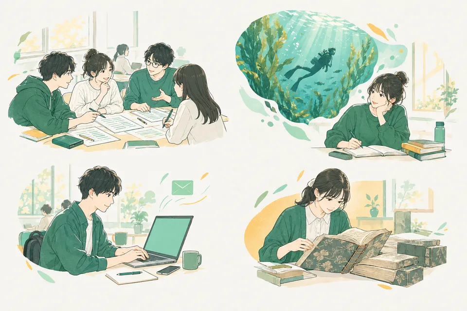 評論のプリントに線を引いて話し合う高校 2 年生たち、海藻の揺れる海を思い浮かべてノートに小説を書く生徒、ノートパソコンでメールを書く生徒