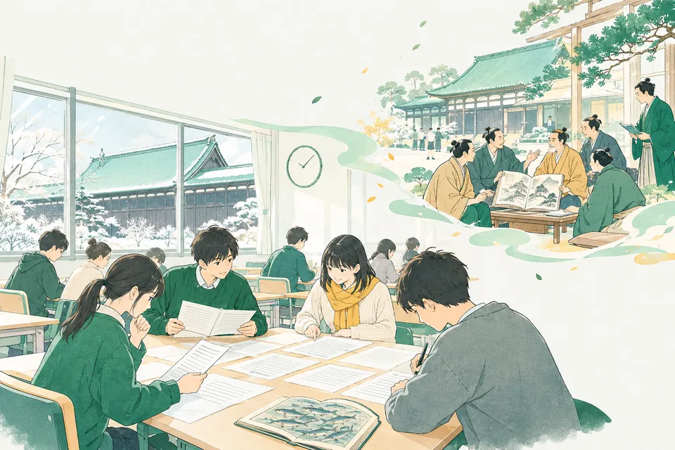 冬の教室で複数のプリントを並べて読み比べる高校 3 年生たち、窓の向こうの学問所で漢詩の本を囲んで語り合う江戸時代の学者たち