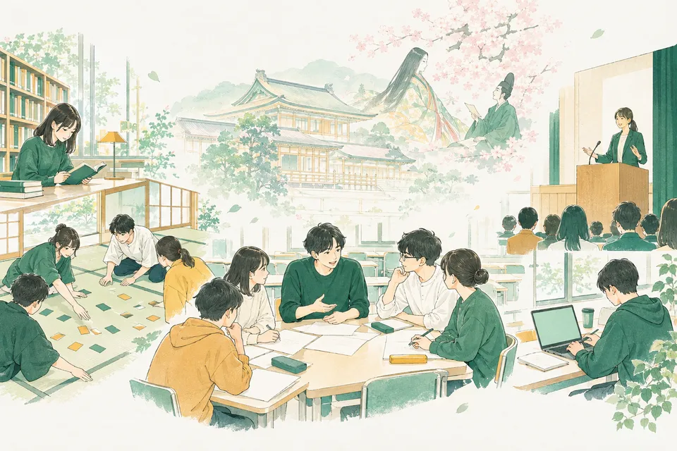 評論を読んで議論する教室、小説を読む図書館、百人一首、スピーチ、レポートを書く様子が広がる国語の世界
