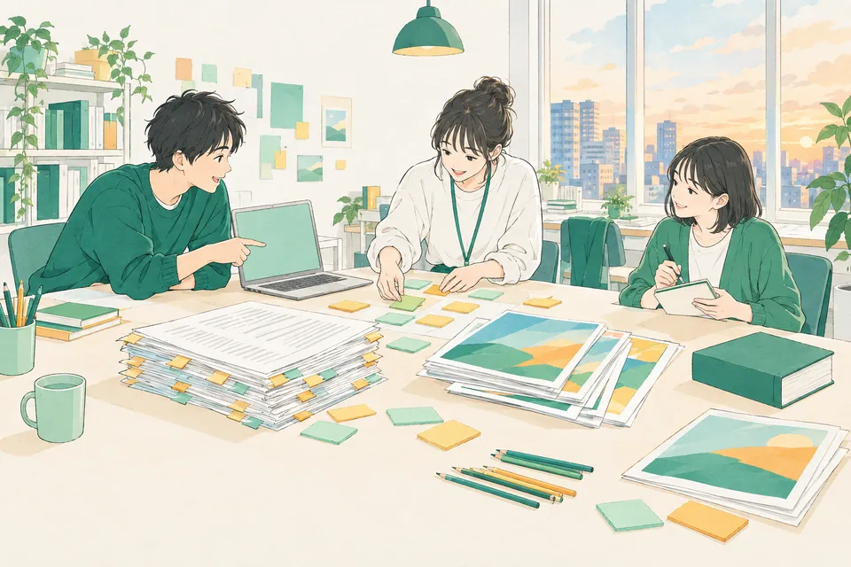 編集部の大きな机で、付箋だらけの原稿や雑誌の見本を囲み、ノートパソコンで記事の組み立てを話し合う若い編集者とライターたち
