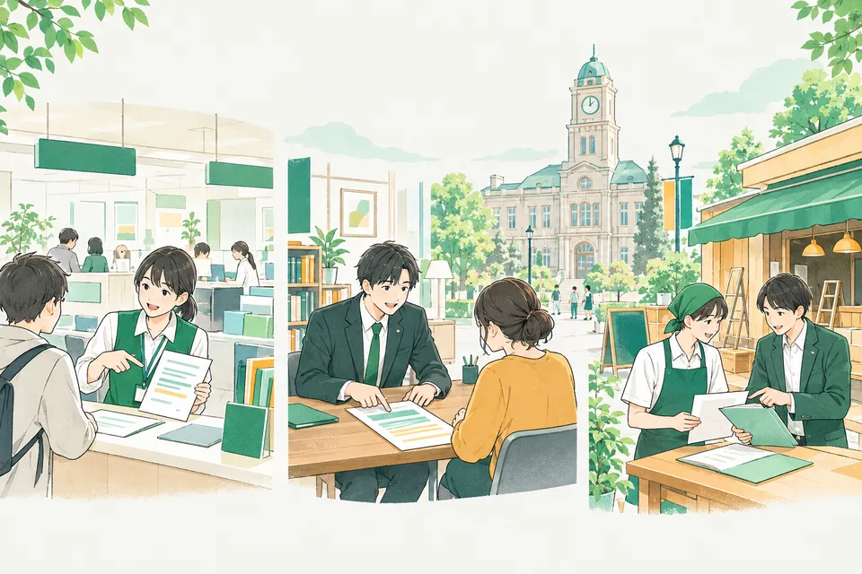 市役所の窓口と法律事務所が並ぶ明るい場面で、条文の資料に印をつける若い職員、依頼者に書類を見せて説明する弁護士、申請書を確かめる行政書士が働いている様子