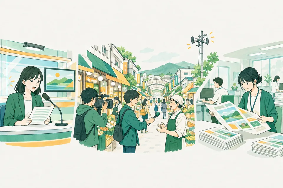 地方の放送局のスタジオでニュースを読む若いアナウンサー、マイクを手に町で取材する記者、市役所で広報紙の見本を確かめる職員が、一続きの場面に描かれた様子