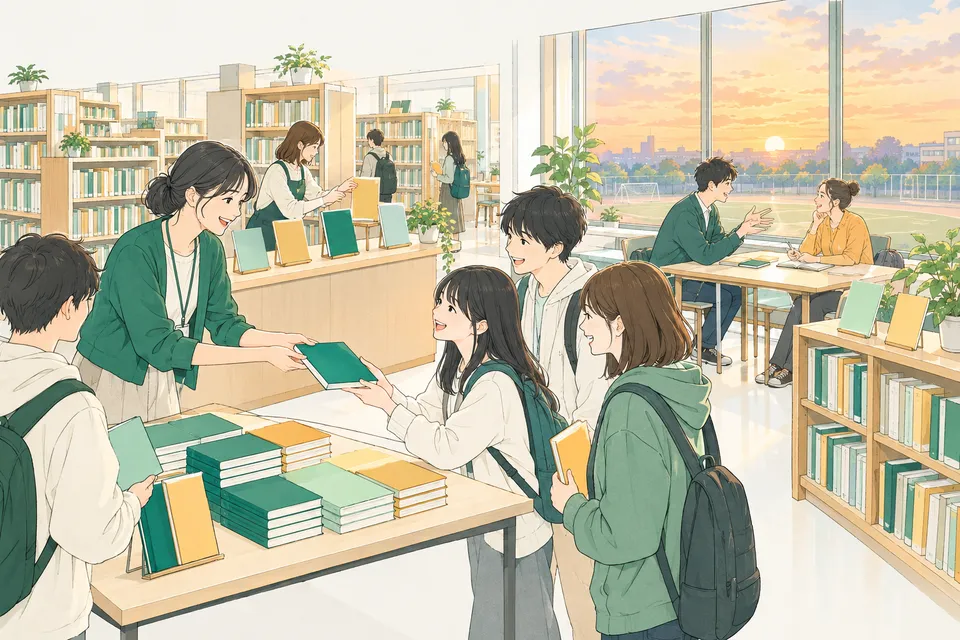 夕方の学校図書館で、国語の先生と学校司書が生徒たちに本を手渡し、奥の机では日本語を学ぶ留学生に若い先生が笑顔で教えている様子