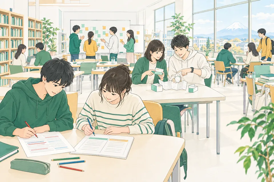 図書室で評論に色分けの線を引く高校生、薬の箱の説明書を読み比べる高校生、文化祭の企画について根拠を書き出して話し合う高校生