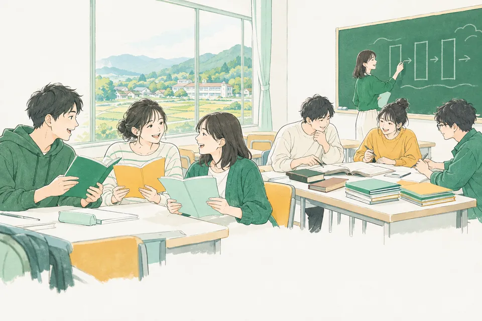 大学の教室で、手作りの文集を声に出して読み合う学生、古典の本と生徒のノートの束を広げて教材を考える学生、緑の黒板に縦書きの線で授業の流れを書く学生