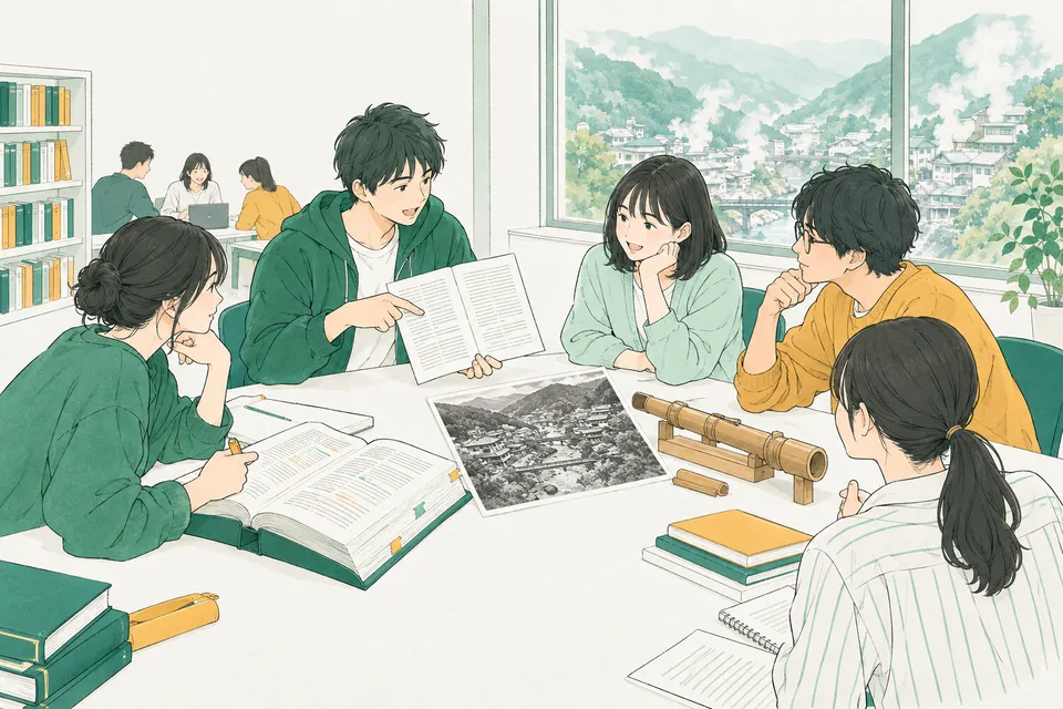 大学のゼミ室で、分厚い法律書の条文に色ペンで印を付ける学生、短い判決文を読み比べる学生、山あいの温泉町の古い写真を見ながら話し合う学生たち