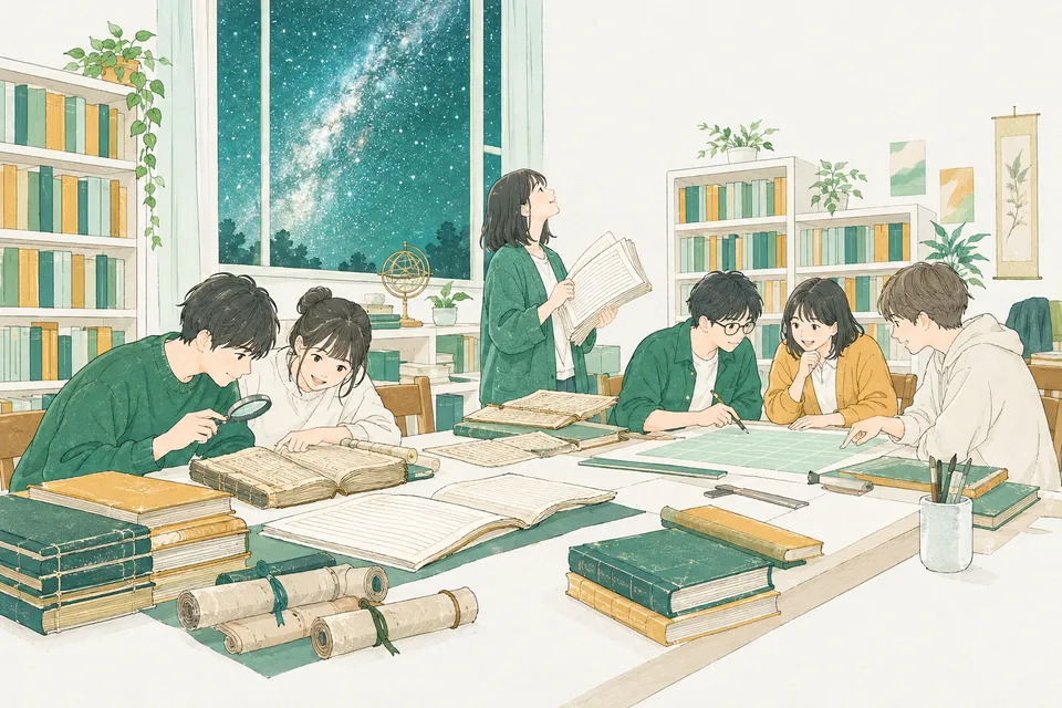大学の研究室の大きな机で、和綴じの古い本を何冊も並べて見比べる学生、星空の写真と古い原稿の束を見比べる学生、表に線を引いて文の終わりの形を確かめる学生たち