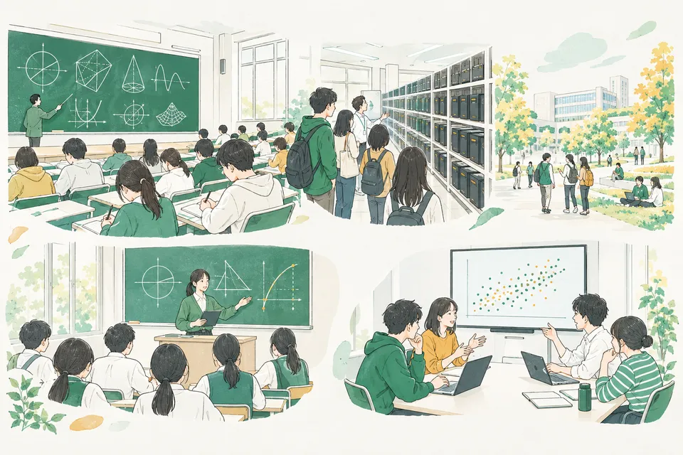 大学の講義室でノートをとる学生、計算機の棚が並ぶ部屋を見学する学生、教壇に立つ教育実習の学生、グラフを囲んで話し合う学生たち