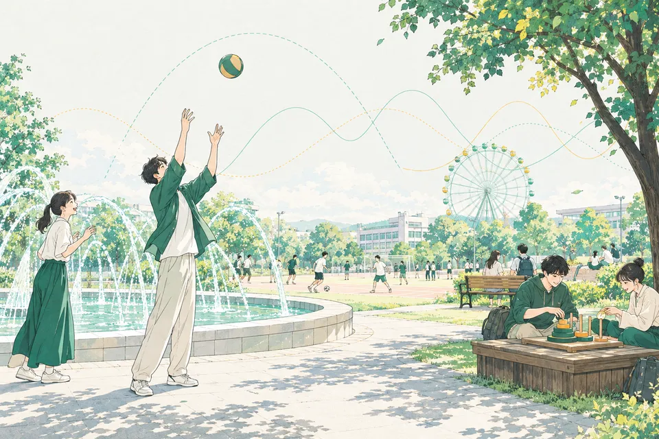噴水の水が弧を描く広場で、ボールを真上に投げる高校生、観覧車を見上げてゴンドラの動きを指でなぞる高校生、木の台で円盤を積みかえるパズルに挑む高校生