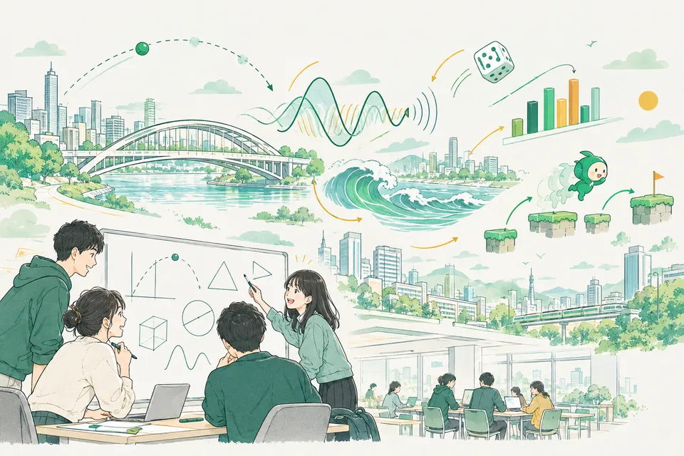 放物線を描いて飛ぶボール、橋のアーチ、さいころとグラフ、ゲームの動きの矢印が街と教室にちりばめられ、ホワイトボードの前で問題を解き合う高校生たち