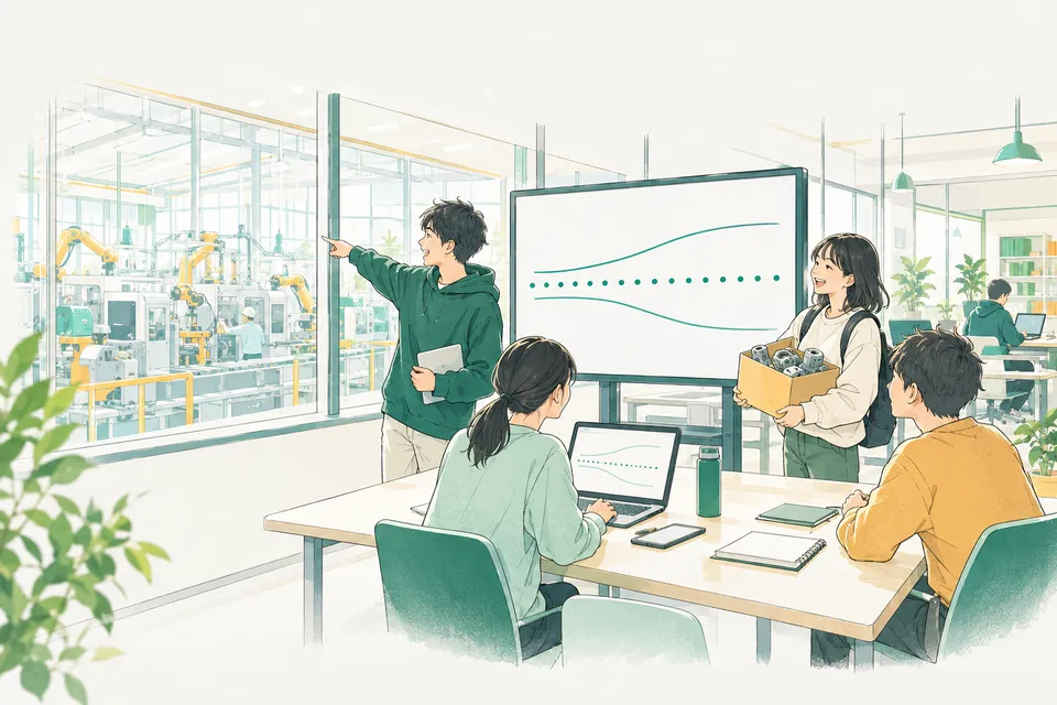 工場の機械が見える部屋で、点の列と 2 本の線のグラフ、なだらかな予測の線が映る大きな画面を囲んで話し合う学生たち