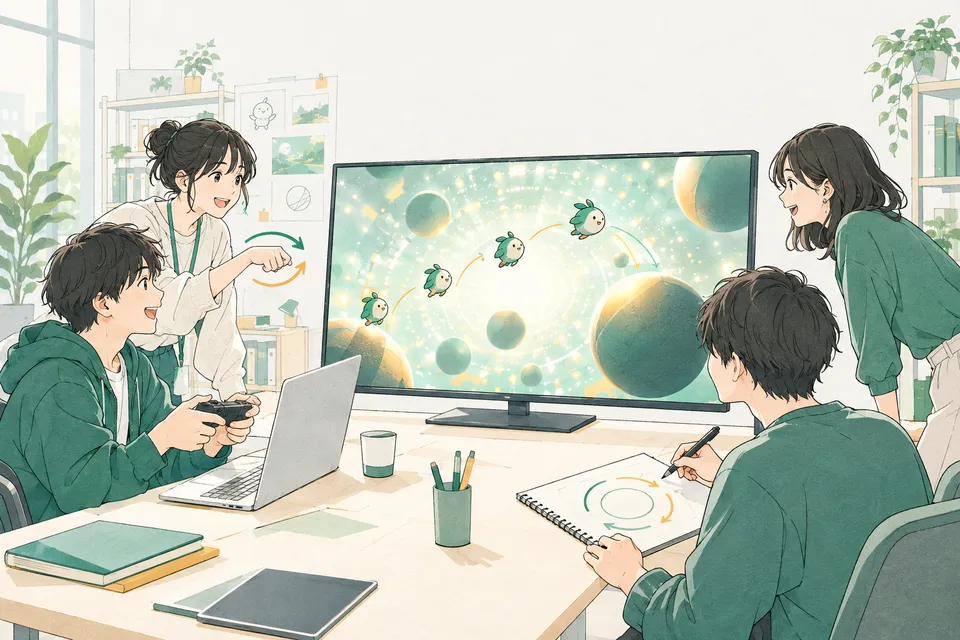 ゲーム制作の部屋で、円く広がる光の粒と陰影のついた立体、跳ねるキャラクターが映る大きな画面を囲んで動きを相談する学生たち
