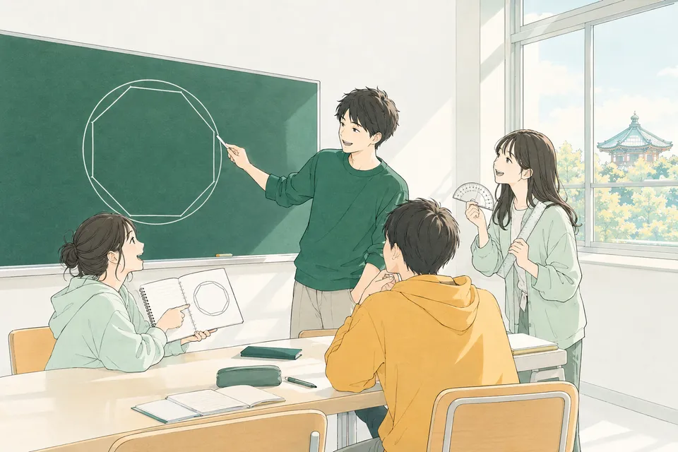 夕方の教室で、黒板に描いた円と内側の八角形を指しながら教え合う学生たち。窓の外に八角形のお堂の屋根が見える