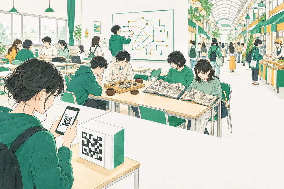 スマートフォンで白黒の模様のコードを読み取る高校生、碁石を並べて取り合うゲームをする高校生、対戦表の点を線で結ぶ高校生たち