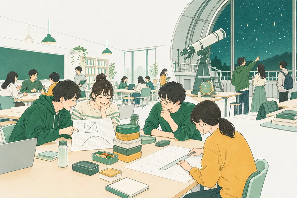 大学のゼミ室で、方眼紙に対角線と弓なりの曲線を描く学生、お弁当の箱を数える学生、点の並びに線を引く学生と、窓の外の古い望遠鏡
