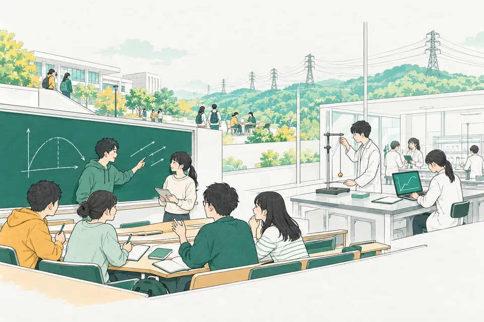 大学の講義室でノートを広げて議論する学生たち、実験室で測定値をグラフにする学生、窓の外の丘の上に並ぶ送電線の大きな鉄塔