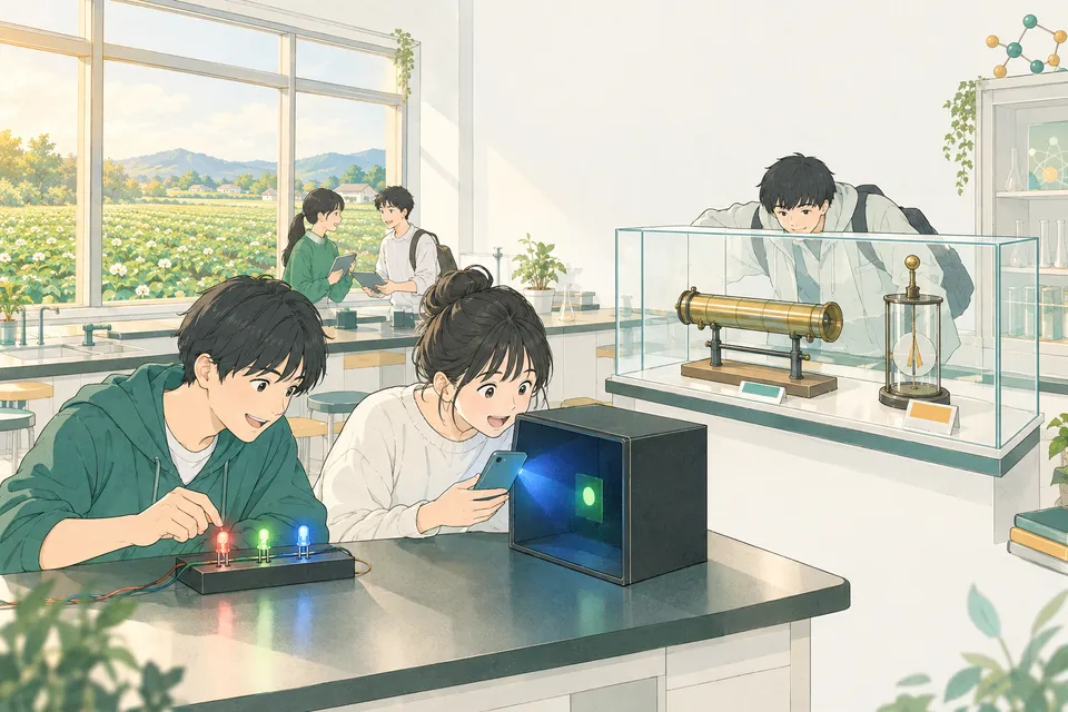 理科室で色の違う LED を光らせる高校生、緑に光るシールにスマートフォンの青い光を当てる高校生、ガラスケースの中の古い放射線の測定器をのぞき込む高校生と、窓の外のじゃがいも畑