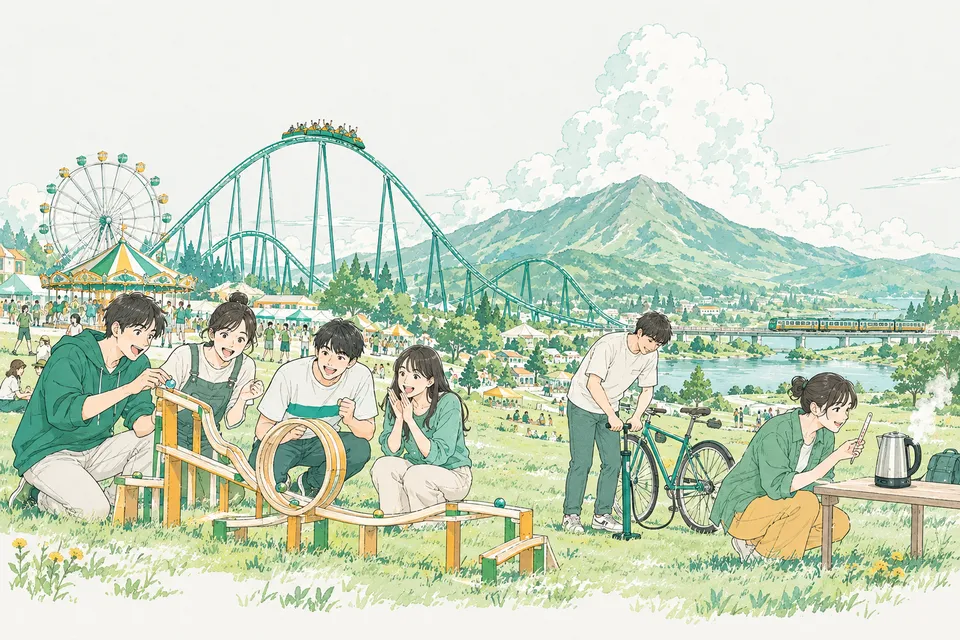 大きなジェットコースターと夏の積雲が見える公園で、手作りのループのレールにビー玉を転がす学生、自転車の空気入れを押す学生、電気ケトルの横で温度計を見る学生たち