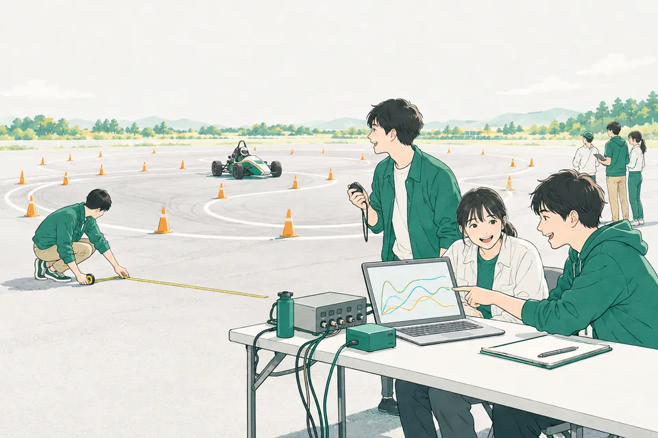 ブレーキの試験をする試作の小型車と、8 の字のコースを曲がる学生のフォーミュラカー、計測器を囲む学生と若い技術者たち