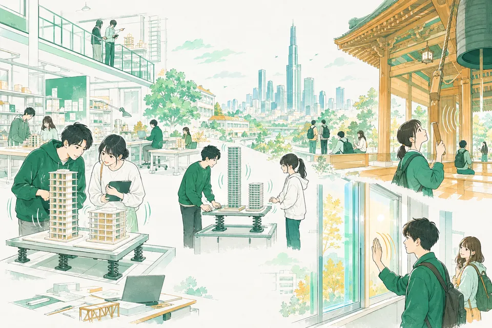 揺れる台の上で背の高い棚と低い棚の模型を見比べる学生、高いビルと低いビルの模型を揺らす学生、天井に竜の絵があるお堂で拍子木を打つ学生と、二重ガラスの窓に手をかざす学生