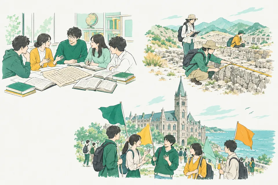 大学のゼミ室で外国の古い文書の写しを囲む学生たち、乾いた山あいの石積みの遺跡で壁を測る学生、海辺の古い大学の建物の前で議論する学生