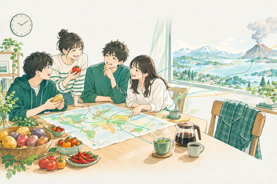 ジャガイモやトマト、唐辛子が並ぶ食卓、湯気の立つお茶とコーヒー、たたまれたパジャマ、噴煙を上げる火山を、世界地図の上でつなぐ高校生たち