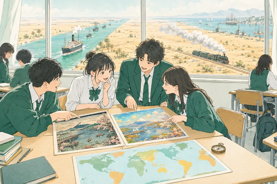教室で浮世絵と油絵の複製を見比べる高校 1 年生たち、窓の外に広がる蒸気船が行き交う運河と、荒野を走る蒸気機関車