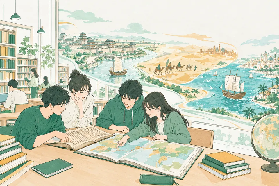 古い中国の歴史書の写しと地図帳を見比べる高校 2 年生たち、背景に広がる大河のほとりの古代都市、隊商が行く砂漠、南の海を進む帆船