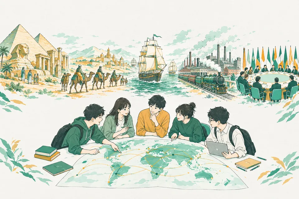 古代文明からシルクロード、海を渡る帆船、産業革命、国際会議までが続き、手前で世界地図を広げる学生たち