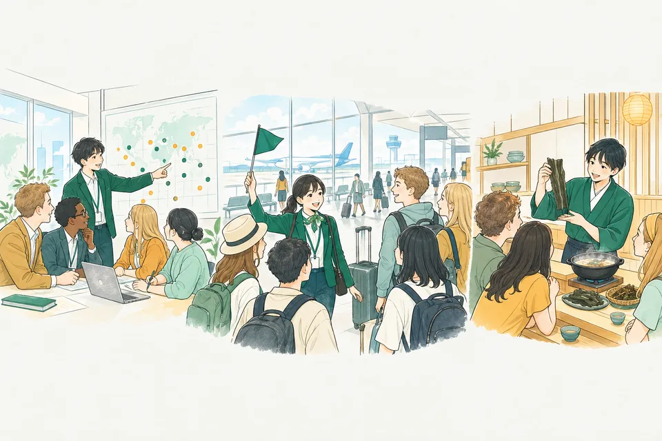 会議室で海外の取引先とカレンダーを見ながら日程を相談する若い営業担当、空港で小旗を掲げて旅行者を案内する添乗員、和食店で昆布の出汁を説明する案内人が、一続きに描かれた様子