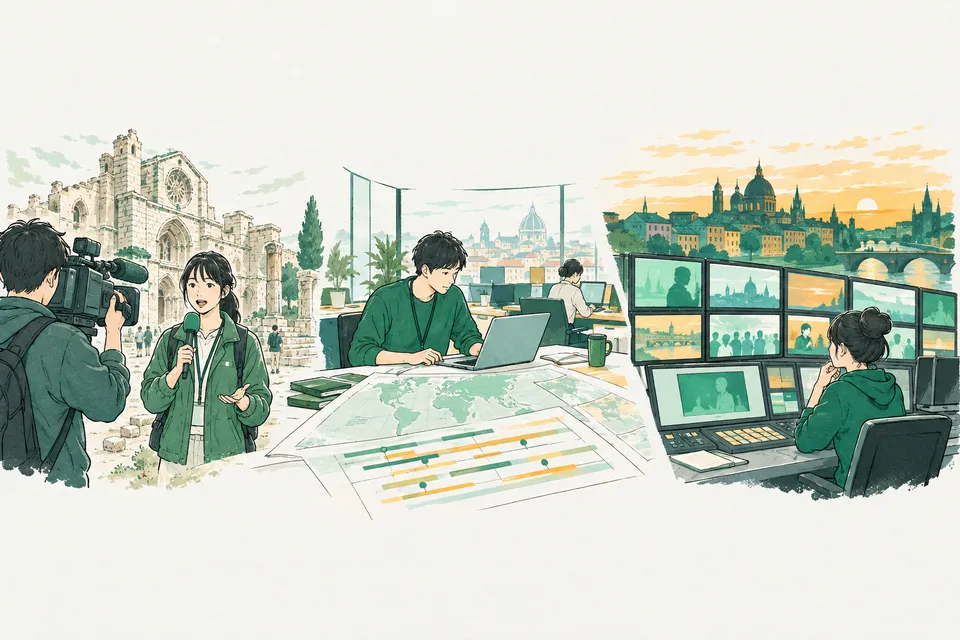 古い石造りの寺院の前でカメラに向かって話す若い特派員、支局の机で地図と年表を広げて原稿を書く記者、編集室で映像を確かめる番組スタッフが、一続きに描かれた様子