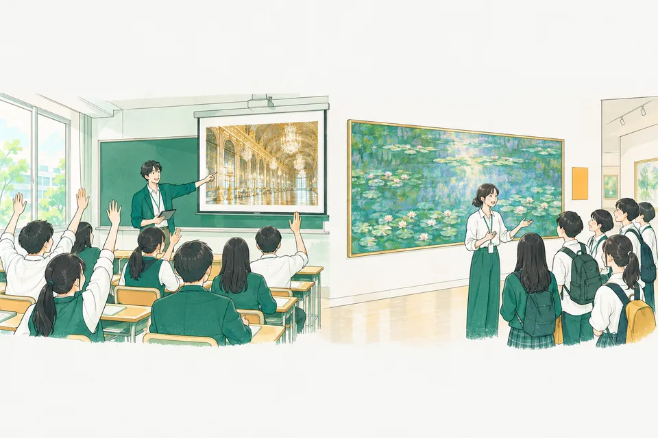 高校の教室で宮殿の広間の写真を映して生徒に問いかける若い先生と、美術館の展示室で横長の睡蓮の絵の前で中高生に話す若い学芸員が、一続きに描かれた様子