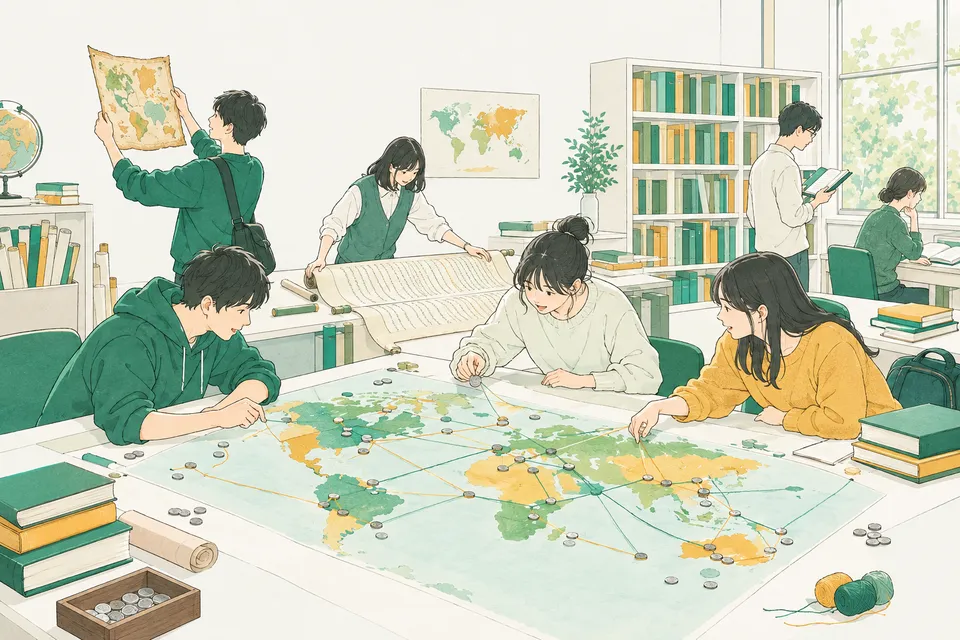 大学の史学の研究室で、古い羊皮紙の地図を光にかざして調べる学生、巻物の写しを広げる学生、世界地図の上に銀貨を並べて海をまたいで糸で結ぶ学生たち