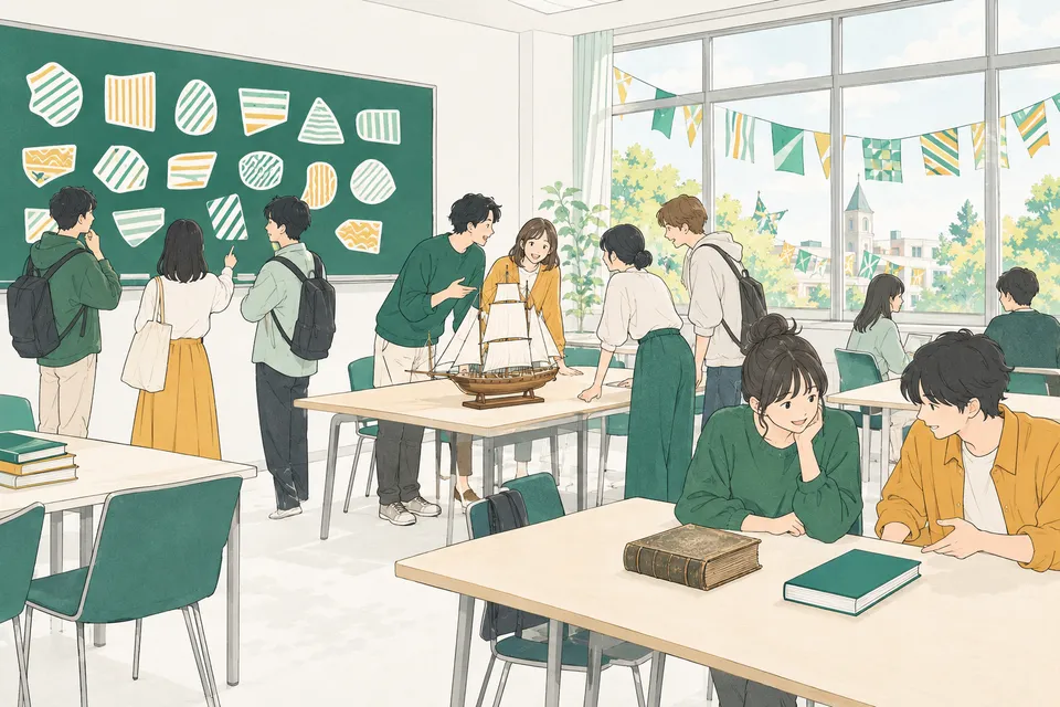 大学の外国語学部の教室で、形の違う文字の札を並べて見比べる学生、三角の帆の木の船の模型を囲む学生、古い本と新しい本を並べて比べる学生たち