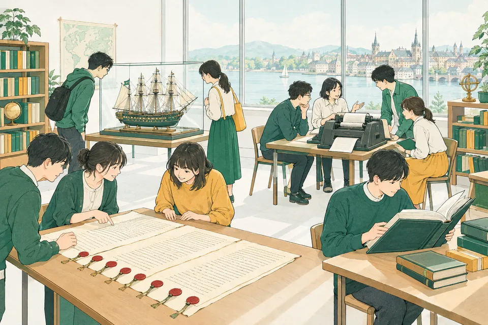 大学の国際法のゼミ室で、赤い封蝋の並ぶ古い条約書の複製を広げる学生、帆船の軍艦の模型を前に記録を読む学生、昔のテレタイプ機を囲んで話し合う学生たち