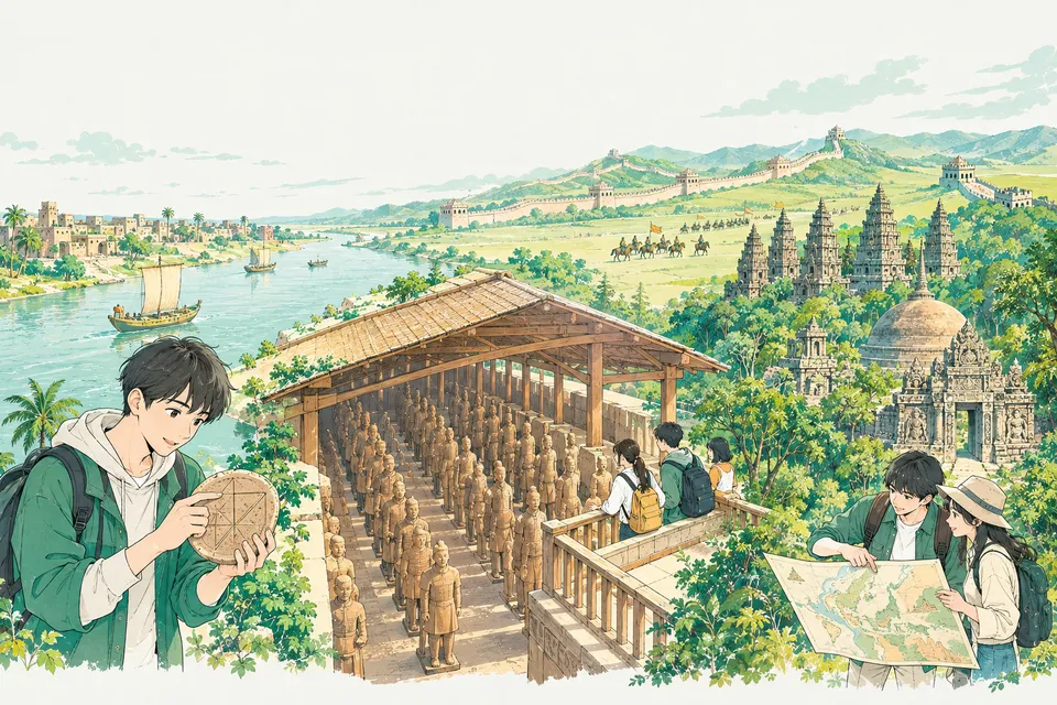 大河のほとりで丸い粘土板を手に取る大学生、土色の兵士の像が並ぶ坑を見下ろす高校生、密林の中の石の寺院を地図で確かめる大学生