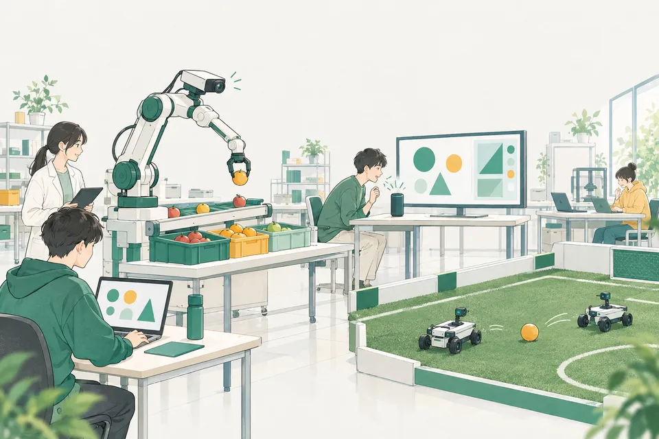 大学の研究室で、物を見分けるカメラ、話しかけるスピーカー、サッカーをする小型ロボットを囲んで実験する学生たち