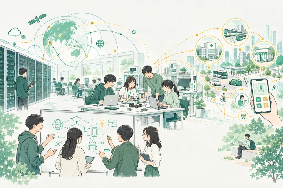 情報系の研究室でチーム開発をする学生と、サーバー・ネットワーク・街のサービスがデータでつながる様子