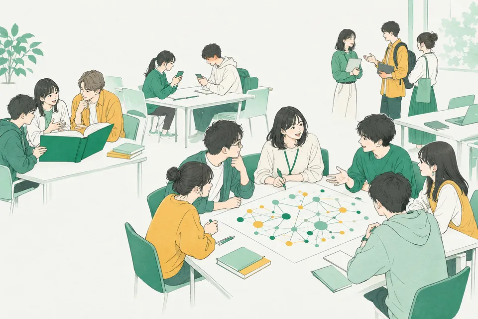 スマートフォンを使う人の様子を観察する学生、SNS の広がりを大きな図で話し合う学生、法律の本を開いて議論する学生が集まるゼミの教室