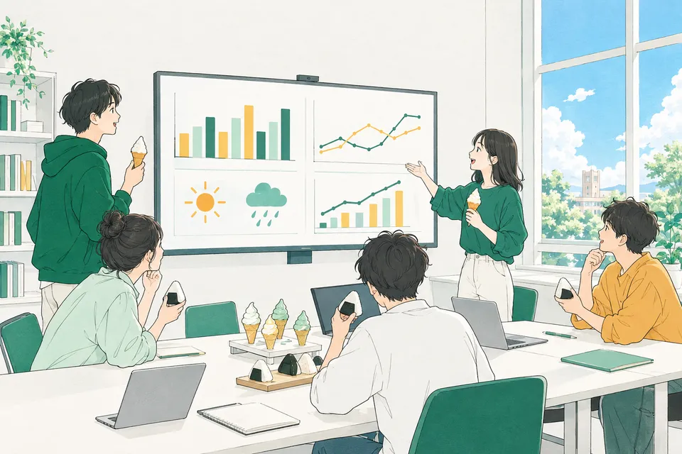 グラフや天気の図が映る大きな画面を囲み、アイスやおにぎりの売れ行きを予想する学生たち