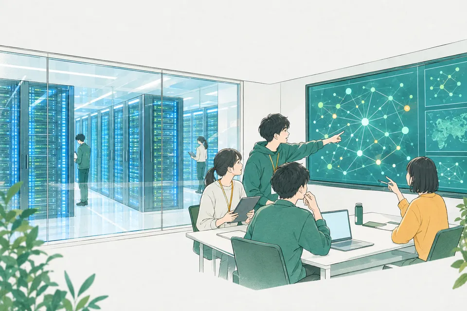 サーバーが並ぶデータセンターと見張りの画面のある部屋で、ネットワークの図を指さしながら守りの手順を確かめる学生たち